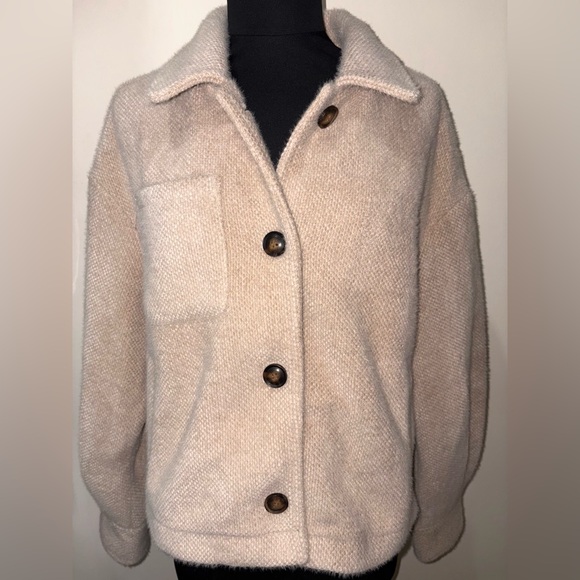 Greylin Anthropology Sz Medium Knit Beige Shirt Jacket Pockets Front Button - Picture 5 of 14